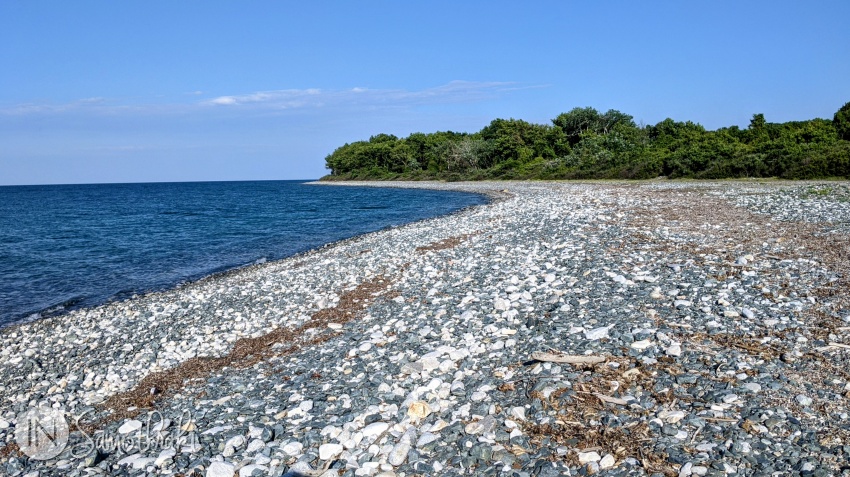 Plaja Therma se întinde între port și pădurea din apropiere.